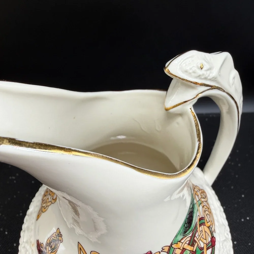 Cre Irish Porcelain Celtic Pitcher Galway Ireland Serpent Handle Gold Trim 7in‎